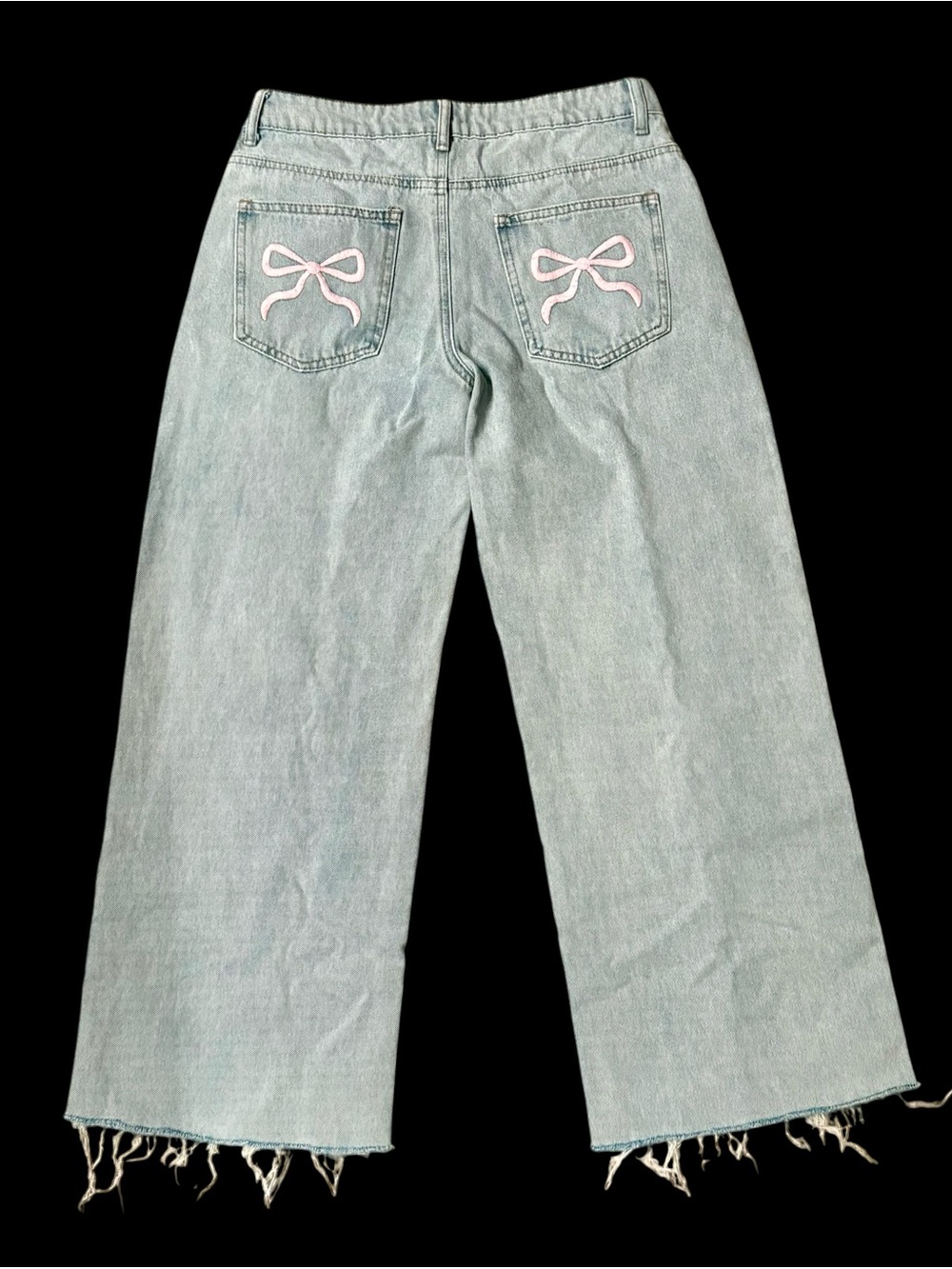 Edikted Wide Leg Denim Jeans-Sz M-Pink Bows Coquette Cottagecore CROPPED Raw Hem